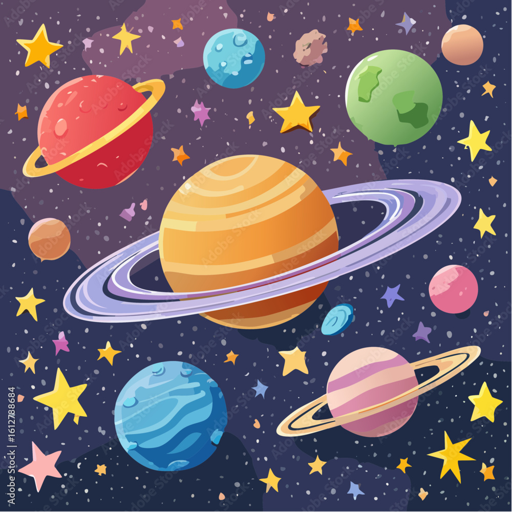 Naklejka premium Funky crayon drawn planets, asteroids, stars and constellations