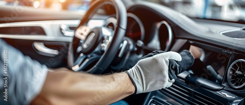 Professional at Automobile Wash using Microfiber Fabric to wash and polish the interior panel of a car, Generative AI.