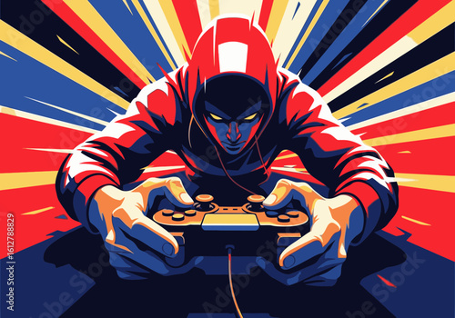 A hooded figure with glowing eyes intensely grips a video game controller against a vibrant, striped background.