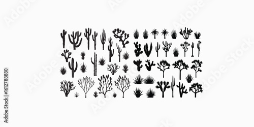 Print  A large group of black outlines depicting cacti, agaves, a Joshua tree, and prickly pears