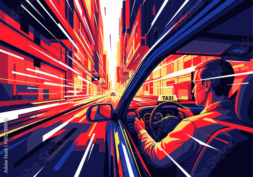 Taxi driver speeding through vibrant city streets at sunset, dynamic perspective.