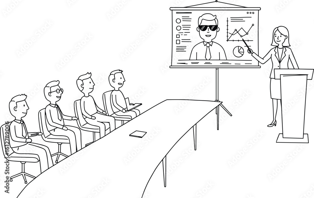 Cartoon Businesswoman Giving Presentation to Colleagues with Charts and Infographic – Corporate Training, Office Meeting, and Team Collaboration Concept Cartoon Businesswoman Giving Presentation to Colleagues with Charts and Infographic – Corporate Training, Office Meeting, and Team Collaboration Concept