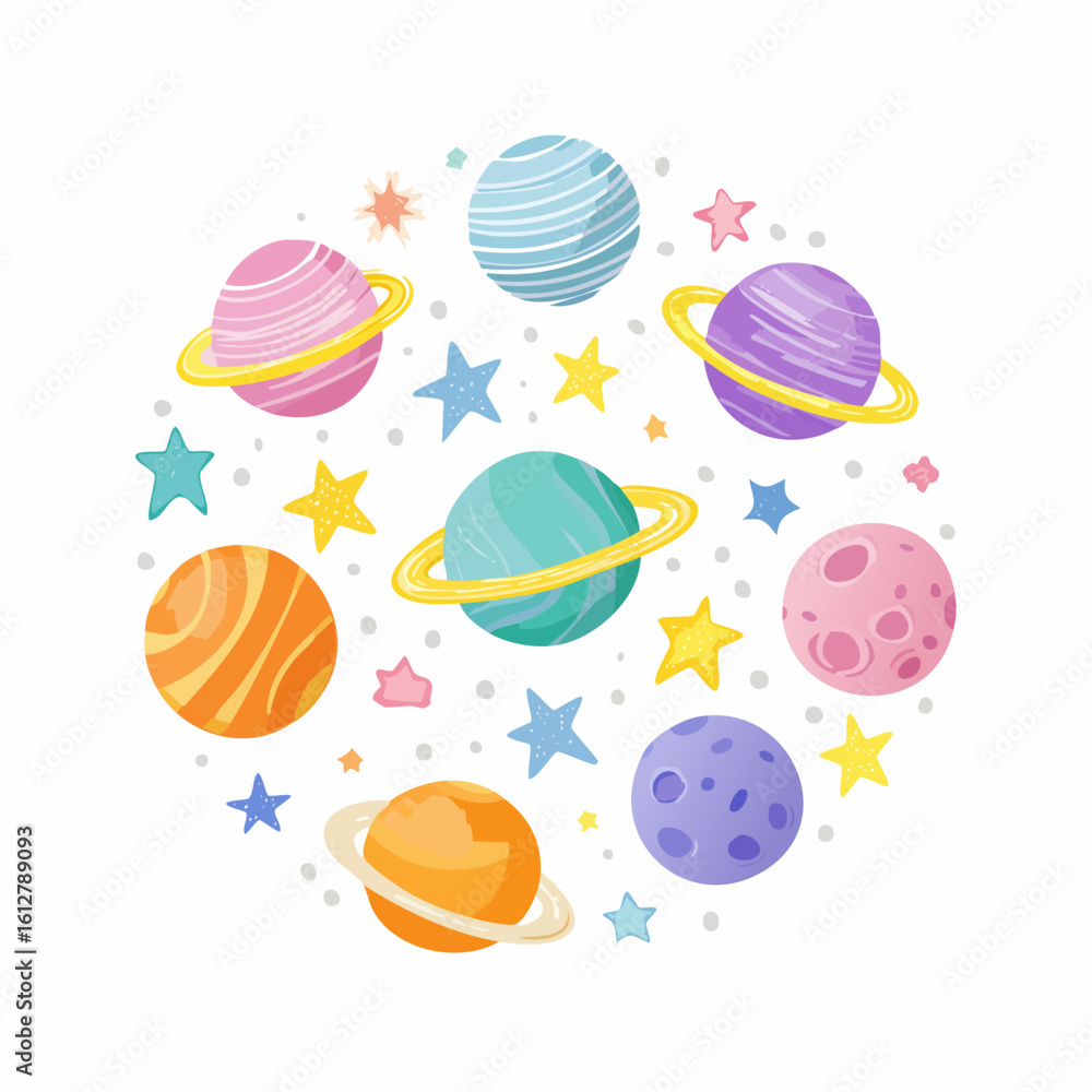 Fototapeta premium Funky crayon drawn planets, asteroids, stars and constellations