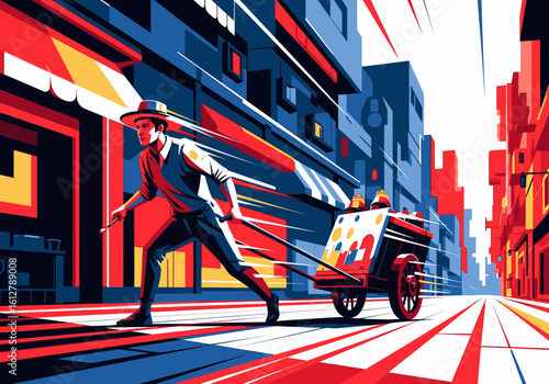 A stylishly illustrated man rapidly pushes a vibrant cart through a bustling city street.