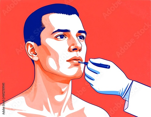 A stylized portrait of a young man receiving a cosmetic procedure
