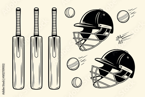 Vintage cricket equipment illustration with bats helmets and balls
