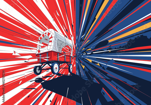 A stylized illustration of a pioneer covered wagon moving through a dynamic, divided red and blue background.