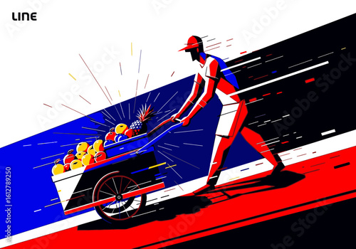 A stylized illustration of a man pushing a wheelbarrow full of fresh fruit, with dynamic motion lines and a bold, graphic color palette.