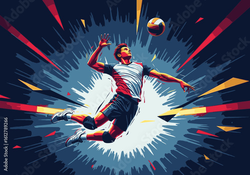 Dynamic illustration of a male volleyball player jumping high to spike the ball against an explosive, abstract background.