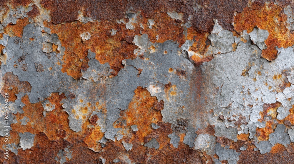 Fototapeta premium Close-up of a rusted metal surface reveals layers of peeling paint and corrosion. The mixture of orange, gray, and silver creates a visually striking texture indicative of weathering over time.