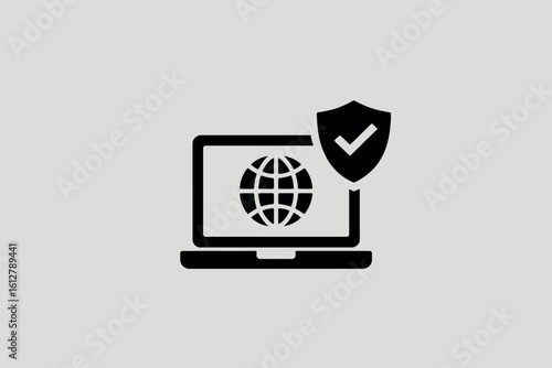 Laptop with globe and shield icon representing internet security and protection