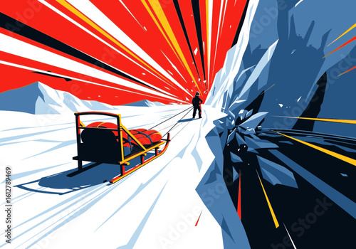 A polar explorer pulls a supply sled across a vast, frozen landscape in a dynamic, graphic art style.