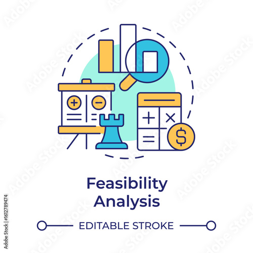 Feasibility analysis multi color concept icon. Filter and prioritize ideas by practicality. Innovation funnel. Round shape line illustration. Abstract idea. Graphic design. Easy to use in brochure