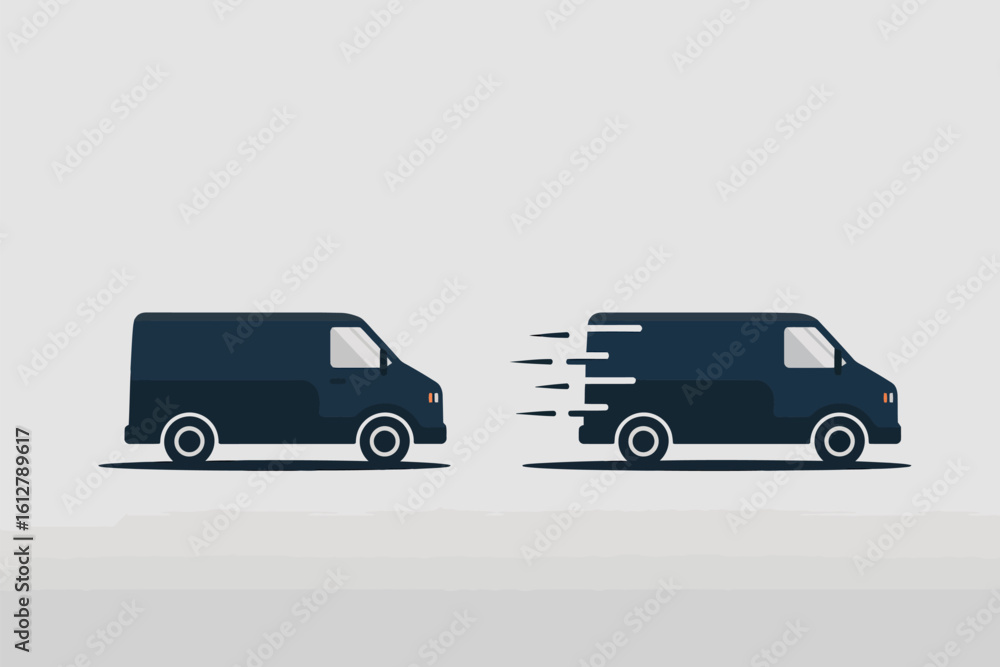 Fototapeta premium Two dark delivery vans in motion on a light background