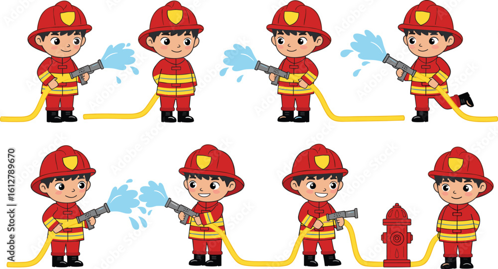 Naklejka premium Cartoon Firefighter Boy Characters in Action with Hose and Hydrant – Cute Illustrations for Safety, Careers, and Educational Themes