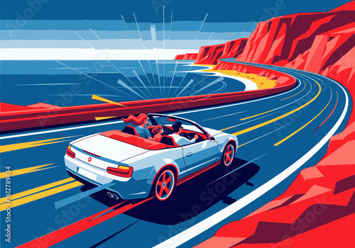 A couple enjoys a scenic drive in a white convertible car along a winding coastal highway.