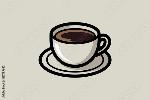 Simple illustration of a white coffee cup and saucer filled with dark coffee