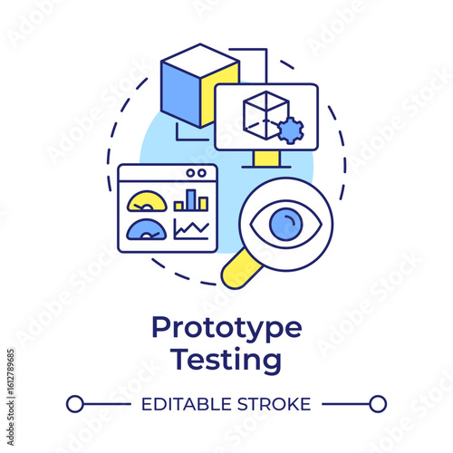Prototype testing multi color concept icon. Accessing product. Technology readiness level. Development stage. Round shape line illustration. Abstract idea. Graphic design. Easy to use in brochure