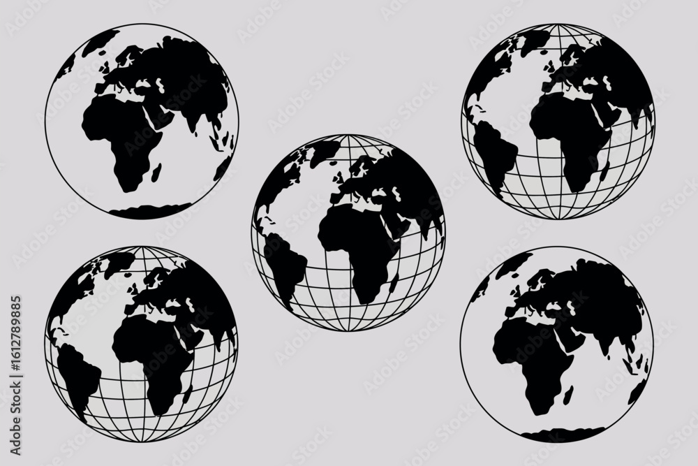 Obraz premium Five stylized globes of earth showing continents and grid lines