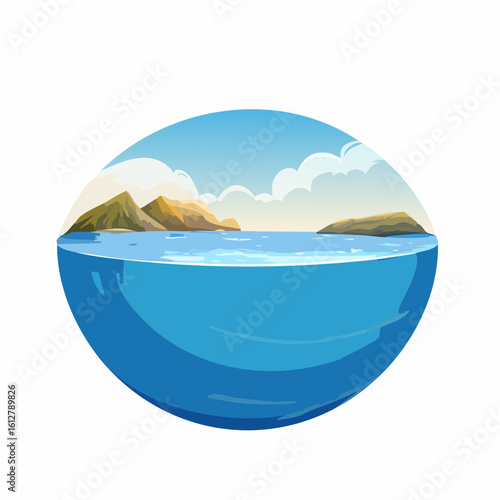Tranquil oceanic scene within a circular frame showcasing mountains, sky and waterscape