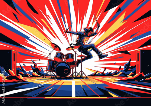 A rock drummer energetically jumps in mid-air behind his drum kit on a stage with an explosive background.