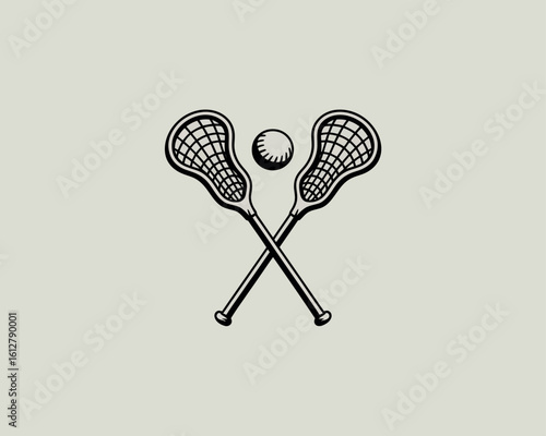 Vintage crossed lacrosse sticks and ball emblem on light background