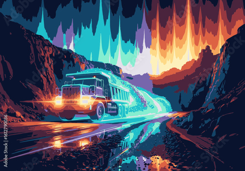 A glowing haul truck drives through a surreal, illuminated canyon with vibrant, colorful lights.