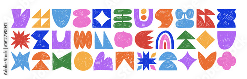 Colorful crayon drawn funky childish shapes and brutal figures. Naive playful geometric shapes with pencil rough texture. Childish stickers. Naive playful forms. Pen scratched figures.