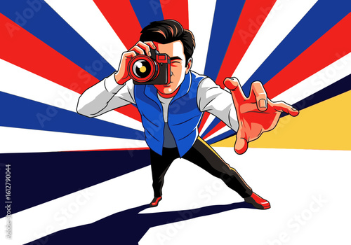 A dynamic illustration of a male photographer aiming his camera and reaching out against a bold sunburst background.