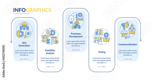 Innovation funnel rectangle infographic vector. Marketing research and development strategy. Data visualization with 5 steps. Editable rectangular options chart. Lato-Bold, Regular fonts used