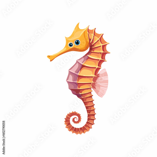 Cartoon seahorse illustration with vibrant orange and pink hues on a white background