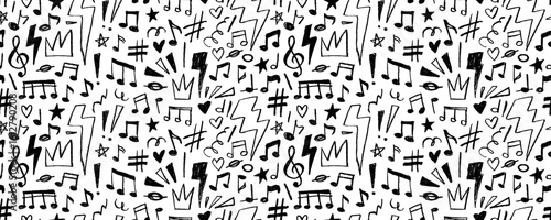 Musical punk seamless pattern with crayon drawn notes, lightnings and scribbles. Doodle funky punk background.