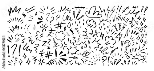 Line movement element, crayon drawn emotion effect decoration icons. Doodle emphasis elements. Comic movement, express lines and shapes. Vector illustration, wind, sparkle, question, shine sunburst.
