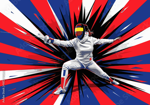 A female fencer in dynamic action, poised with her foil, against a vibrant, radiating background.