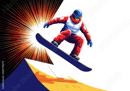 A snowboarder in red and white gear performs a jump over a snowy slope.