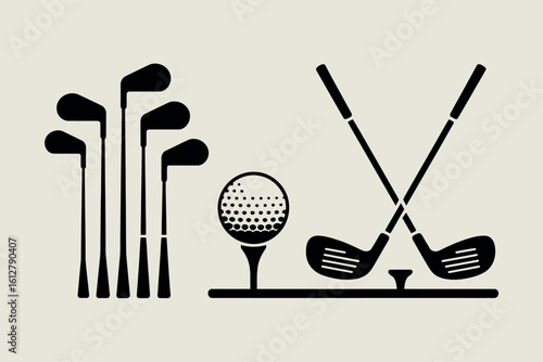Stylized silhouette of golf clubs and ball on tee