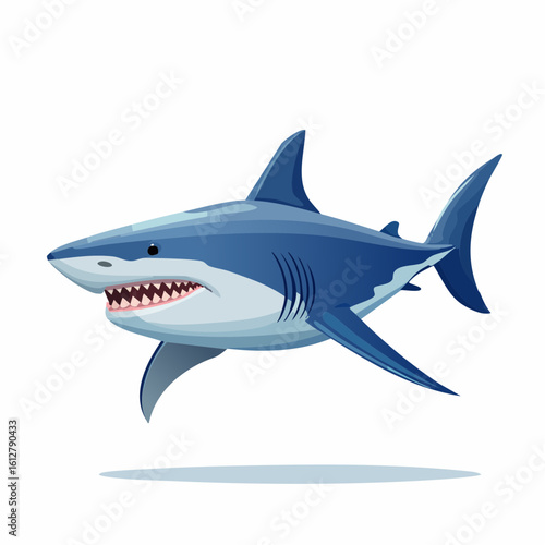 Cartoon Great White Shark with Open Mouth Showing Sharp Teeth on White Background