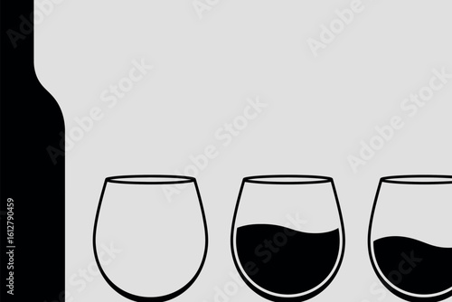 Wine bottle and three glasses showing different fill levels