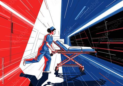 A nurse urgently transports a patient on a stretcher through a dynamic, contrasting corridor.