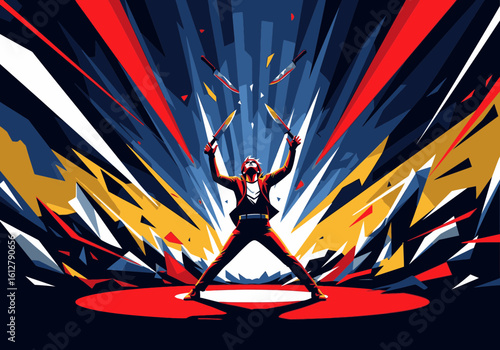 A performer juggles clubs with skillful precision, surrounded by dynamic, colorful light bursts.
