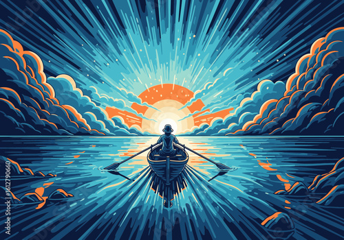 A person rows a boat towards a bright sun, surrounded by stylized clouds and water.