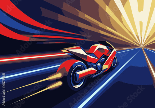 A futuristic red motorcycle speeds down a dark highway, leaving vibrant light trails in its wake.