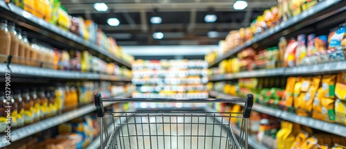 Shopping cart in the midst of a store aisle between racks stocked with merchandise, Generative AI.