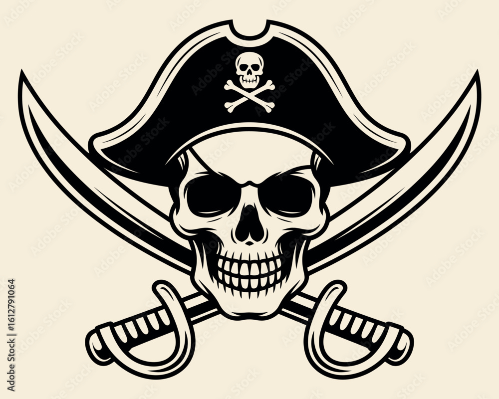 Pirate skull and crossbones with crossed sabers and tricorne hat Pirate skull and crossbones with crossed sabers and tricorne hat