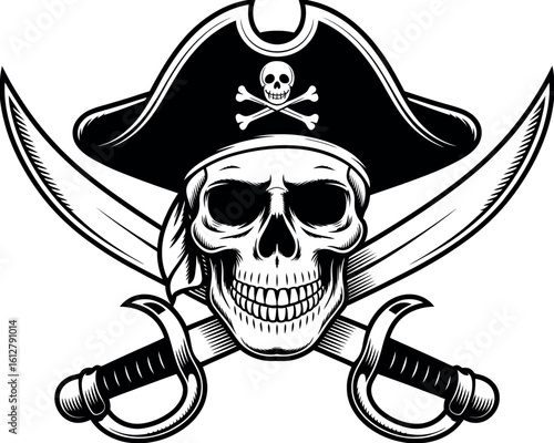 Pirate skull and crossbones with crossed sabers and tricorne hat