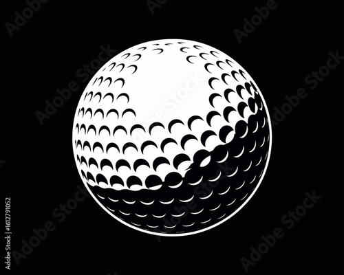 Close up of a golf ball with dimples on a black background