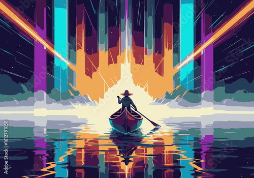 A lone figure paddles a canoe on reflective water towards a glowing, futuristic city skyline.