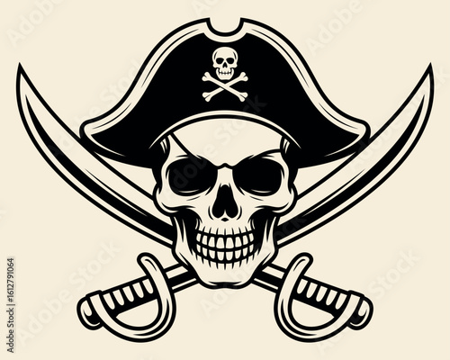 Pirate skull and crossbones with crossed sabers and tricorne hat