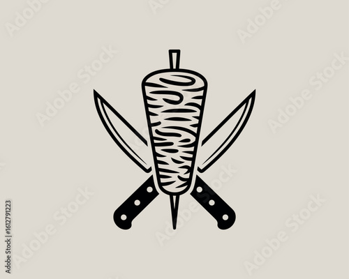 Doner kebab meat skewer with crossed knives emblem