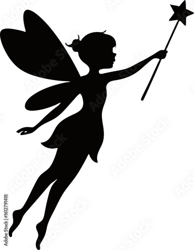 Magical Flying Fairy Silhouette with Wand and Heart-Shaped Wings